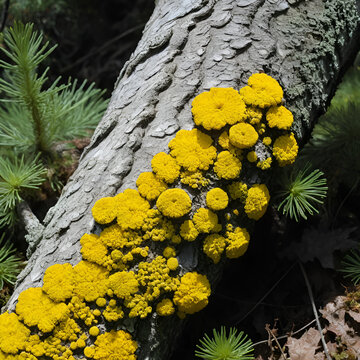 Lichene Xanthoria su tronco di Larice