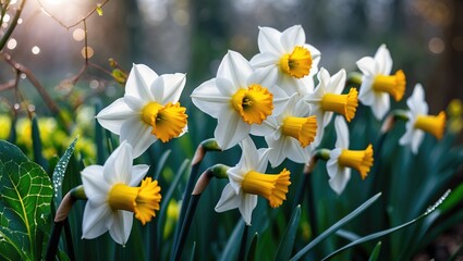 Fototapeta premium Bright spring garden with vibrant daffodils and natural floral background