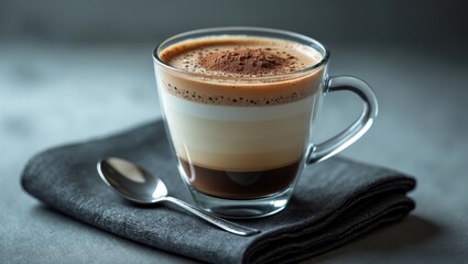 Hot coffee served in a glass with foam and crema visible