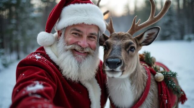 Happy winter santa clause with smiling reindeer taking a selfie in the forest