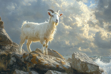 Obraz premium A goat on rocky shore, gazing out to sea, under stormy sky.