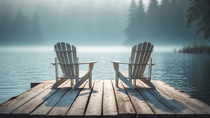 Naklejka premium Serene waterfront property with scenic view, chairs, and calm water