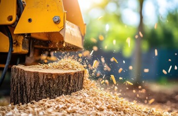 Yellow machine grinds tree stump, wood chips fly