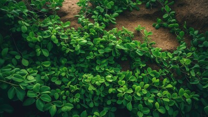 Fototapeta premium Close-up of Pilea microphylla with Bright Green Foliage and Textured Background in a Garden Setting