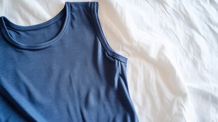 Deep blue sleeveless bodysuit arranged with visible shoulder seams on white