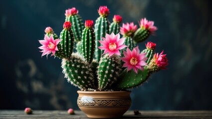 Beautiful cactus blossoms in a pot with festive colors