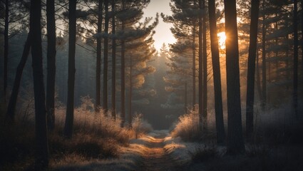 Walking through a snow-covered forest at sunrise on a cold winter morning