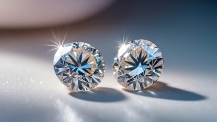 Elegant close-up of two beautiful diamonds on a light background, leaving space for text