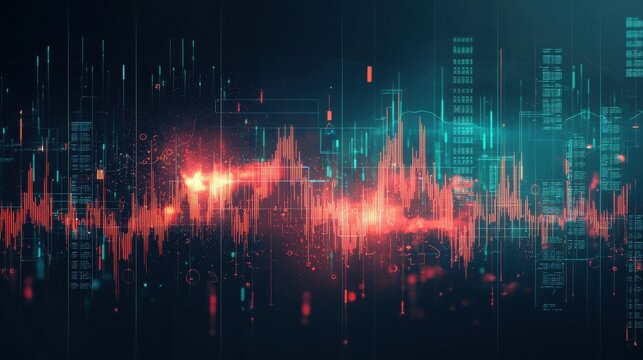 Vibrant Digital Visualization of Data Processing and Analysis with a dynamic composition that embodies complex data streams, glowing lines and data metrics.