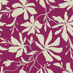 Seamless floral vector laconic beige delicate ink vintage handmade pattern for fabric design, decor, ceramics, greeting cards, flowers, texture print on burgundy background