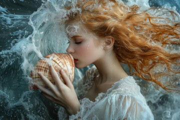 Woman with red hair holding a shell on the beach at sunset.