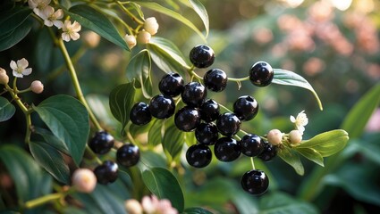 Vibrant plant showcasing ripening dark berries amid blossoming flowers and foliage in a cultivated garden