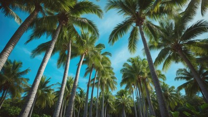 Lush green landscape featuring towering palm trees and a clear blue sky, creating a peaceful and open outdoor scene