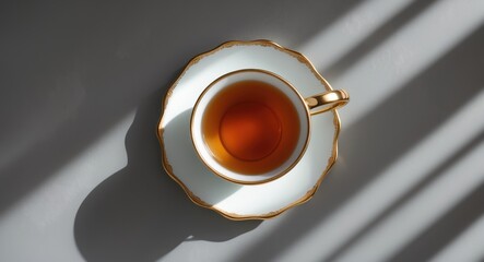 Close-up of tea in a gold-rimmed white cup. Viewed from above.