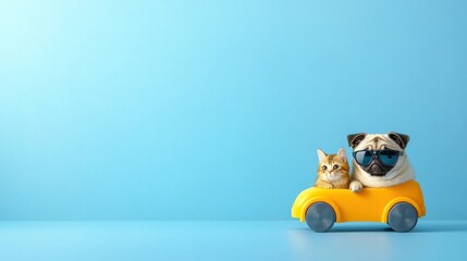 Obraz premium Pug and Kitten Road Trip: A Fun Summer Adventure in a Yellow Toy Car