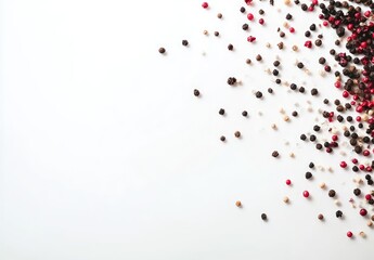 Colorful peppercorns scattered on a white background.  A mix of black, red, and white peppercorns create a visually appealing design.  The peppercorns are concentrated in a corner of the image