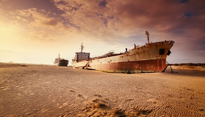 Fototapeta premium Abandoned rust ships on dry bottom