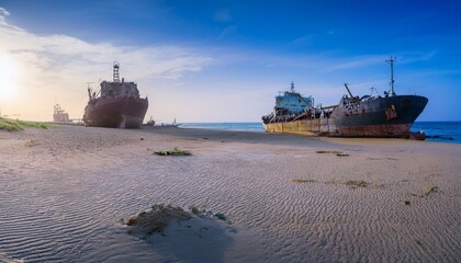 Fototapeta premium Abandoned rust ships on dry bottom