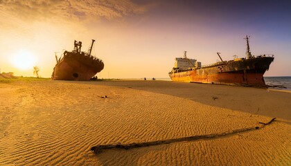 Fototapeta premium Abandoned rust ships on dry bottom