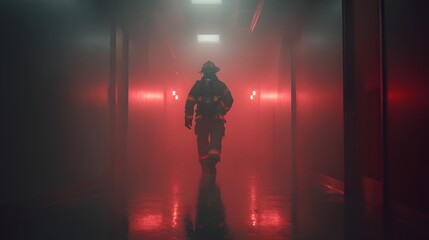 Firefighter walking down a smoke-filled corridor with red lighting in full gear.