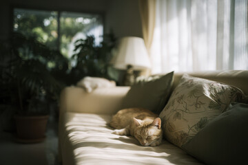 cozy home filled with warmth and comfort featuring playful cats lounging on soft furniture