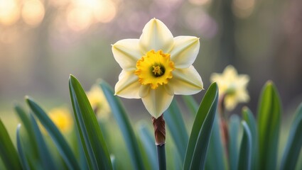 Close-up of a yellow daffodil bud with spring scenery