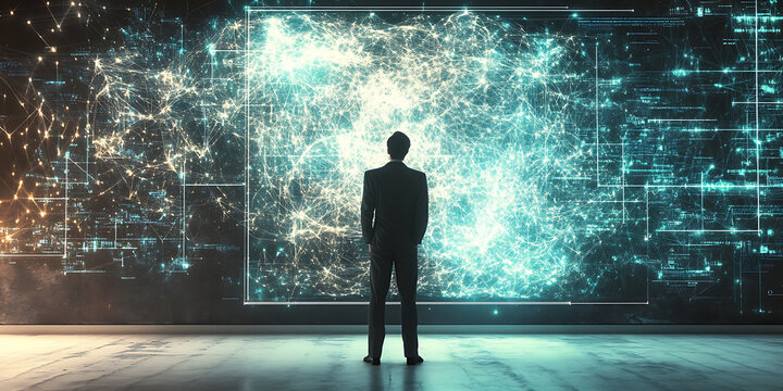 Man Contemplating a Digital Universe Abstract Data Visualization Wallpaper Background