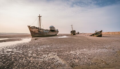 Abandoned rust ships on dry bottom