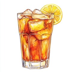 Iced Tea with Lemon Watercolor Illustration