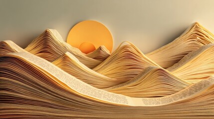 The sun rises over a surreal landscape of undulating paper mountains, each fold telling a story, and a flat sky painted with light.