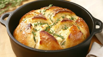 Golden Crust Artisan Bread with Butter and Herbs in Cast Iron Skillet