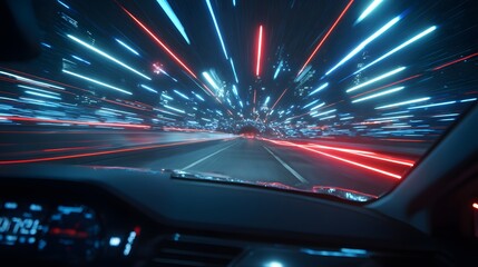 Speeding through city lights creates a futuristic, dynamic perspective from vehicle.