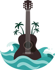 Acoustic guitar with ocean waves and palm trees tropical music theme vector illustration 