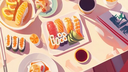 White background image showing a balanced sushi meal with sides and sauce