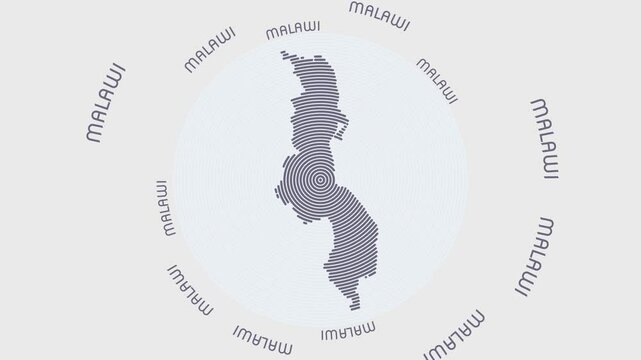 Malawi shape with dynamic circles visual effect. Animation of Malawi logo appearing from rotating rings and Country name around the shape. Intro, opening, closing, logo video.