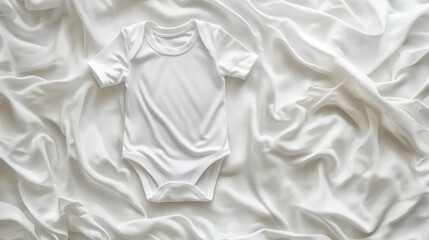 Obraz premium White cotton bodysuit with ribbed texture styled flat against a bright white surface, showing crisp stitching lines