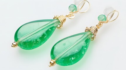 Elegant Green Glass Teardrop Earrings Gold Wire Wrapped Jewelry