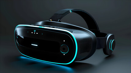Close up of a sleek black vr headset with blue accents on a dark background showcasing technology