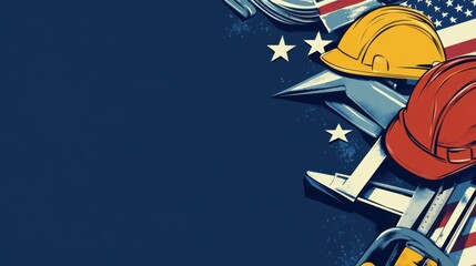 Labor day background and federal holiday. Independence and memorial day in America and USA. Engineer and worker tools with copy space for text. illustration , no logos, no brands