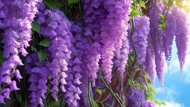 Springtime Wisteria: Blue and Purple Blossoms on a Climbing Tree