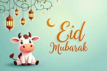 Naklejka premium Smiling Cow with Eid Mubarak Text – Islamic Festive Greeting Design