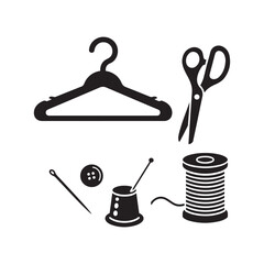 Sewing and Tailoring Icons – Minimalist Black and White Vector of Tools, Equipment, and Fashion Design Elements