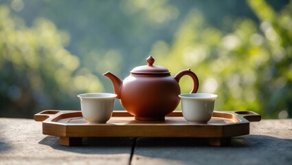 Fototapeta premium Outdoor classical tea ware amidst greenery