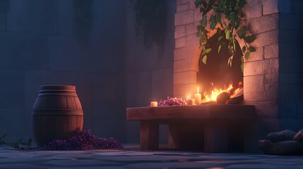 Enchanted Fireplace Scene with Candles and Wooden Barrel