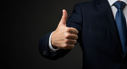 A businessman in a suit giving a thumbs up gesture against a dark gray gradient background image real estate business ,technology ,selling ,purchasing ,agreement