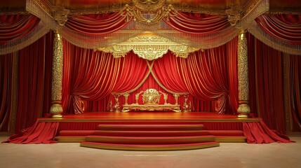 Fototapeta premium Golden and red stage curtains with a grand staircase.