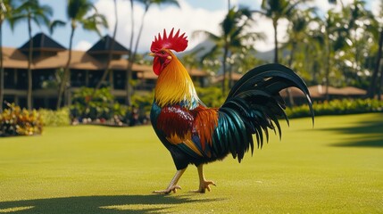 Rooster struts tropical resort lawn