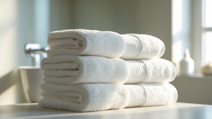 Folded soft cotton towels arranged neatly in a resort setting