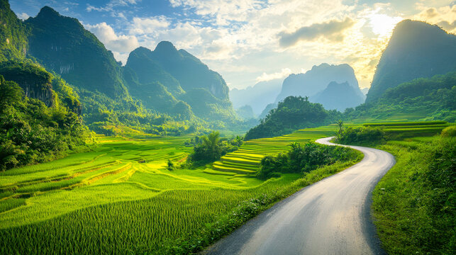 Lush green rice fields with a winding road in southern Vietnam illuminated by sunlight