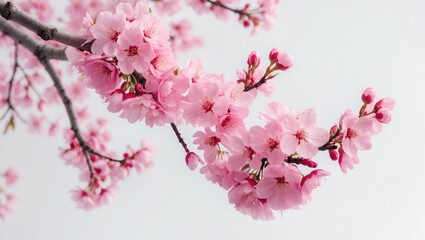 Obraz premium Isolated cherry blossom branch with pink flowers and petals on white background